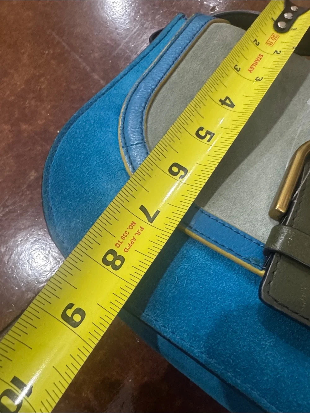 Blue and Gray Suede Crossbody Bag with Olive Strap